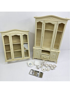 Vintage 1970s Marx Toys Sindy Doll Breakfront Cabinet & Accessories As Shown